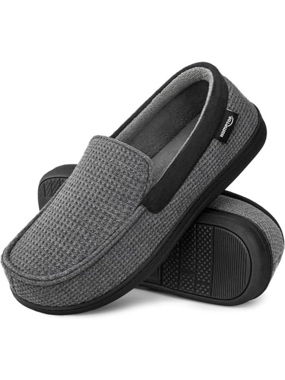 Hometop Mens Size 9 Moccasins Fleece Lining Waffle Knit Black Grey Clog Shoes